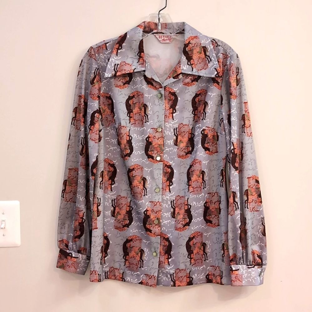 H BAR C Vintage Horse Print Cowgirl Rancher Pearl Button Long Sleeve Shirt Sz 34